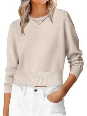 Womens Cropped Sweater Ribbed Knit Crew Neck Long Sleeve Fall Casual Top
